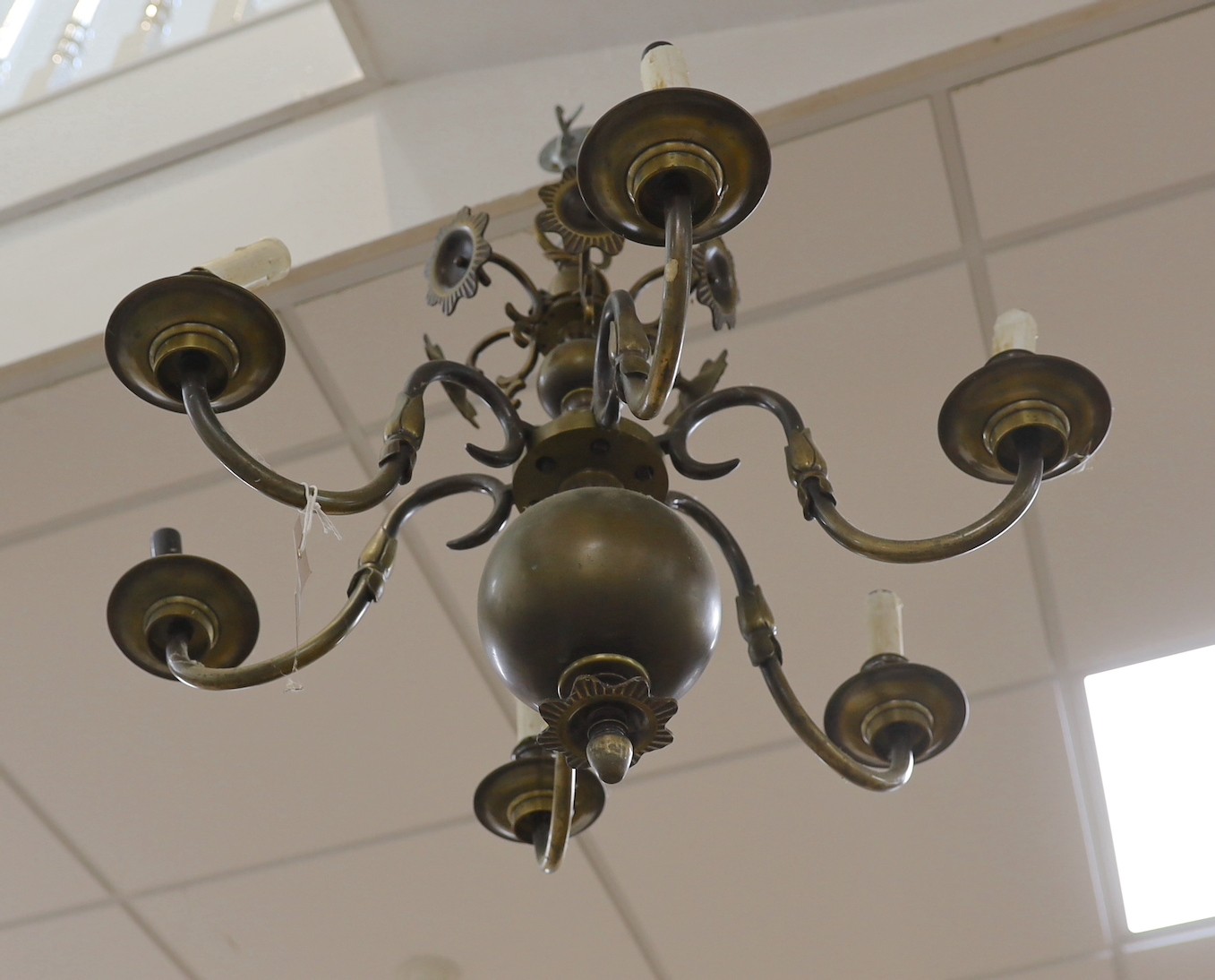 A cast brass six branch electrolier, 45cms high.
